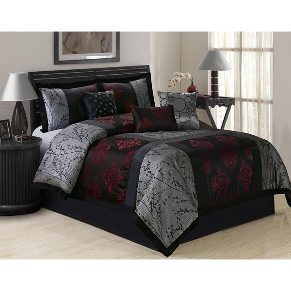 Canora Grey Abasi Black/Maroon/Gray Microfiber 7 Piece Comforter Set
